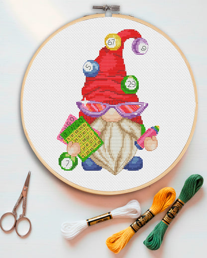 Bingo gnome, Cross stitch, Gnome cross stitch, Cross stitch PDF, Cross stitch chart, Bingo cross stitch, Funny cross stitch