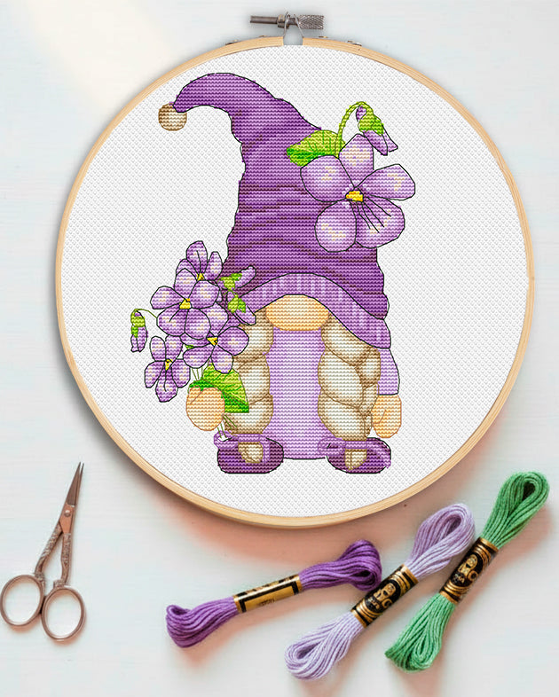Violet female, Cross stitch, Floral cross stitch, Gnomes cross stitch