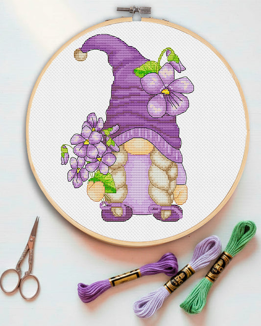 Violet female, Cross stitch, Floral cross stitch, Gnomes cross stitch