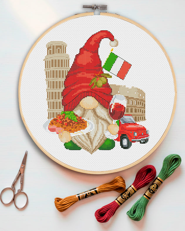 Cross stitch pattern Italian gnome, Gnome pattern, Travel cross stitch
