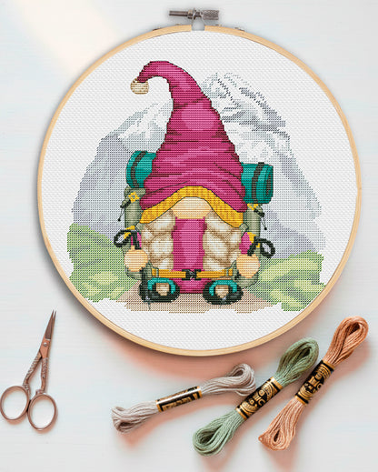 Hiking girl, Cross stitch, Hiking cross stitch, Gnomes cross stitch, Modern cross stitch, Camping cross stitch, Mountains cross stitch