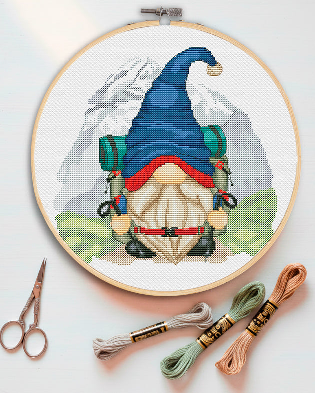 Hiking gnome, Cross stitch, Hiking cross stitch, Gnome cross stitch, Modern cross stitch, Nature cross stitch, Mountains cross stitch