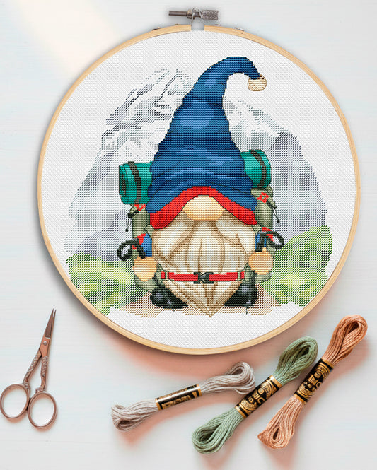 Hiking gnome, Cross stitch, Hiking cross stitch, Gnome cross stitch, Modern cross stitch, Nature cross stitch, Mountains cross stitch