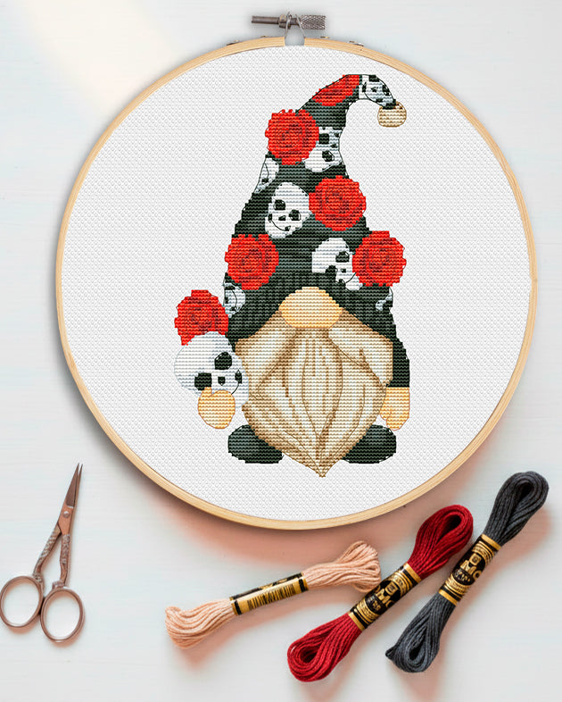 Gothic gnome, Halloween cross stitch, Gnomes cross stitch, Modern cross stitch, Cross stitch pattern, Scull cross stitch, Rose cross stitch