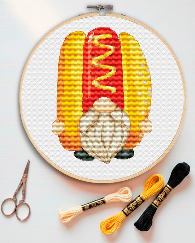 Cross stitch pattern of a gnome holding a hot dog.