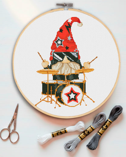 Drummer, Cross stitch, Gnomes cross stitch, Modern cross stitch