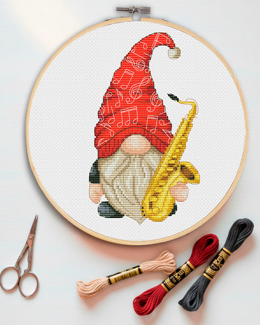 Saxophonist, Cross stitch pattern, Gnomes cross stitch, Modern cross stitch, Music cross stitch, Counted cross stitch