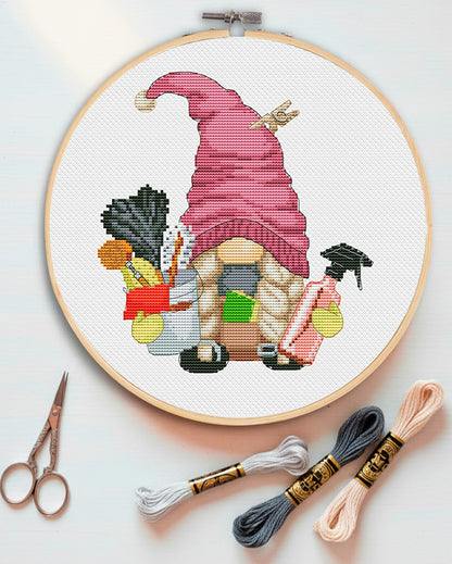 Preview housewife gnome cross stitch pattern PDF.