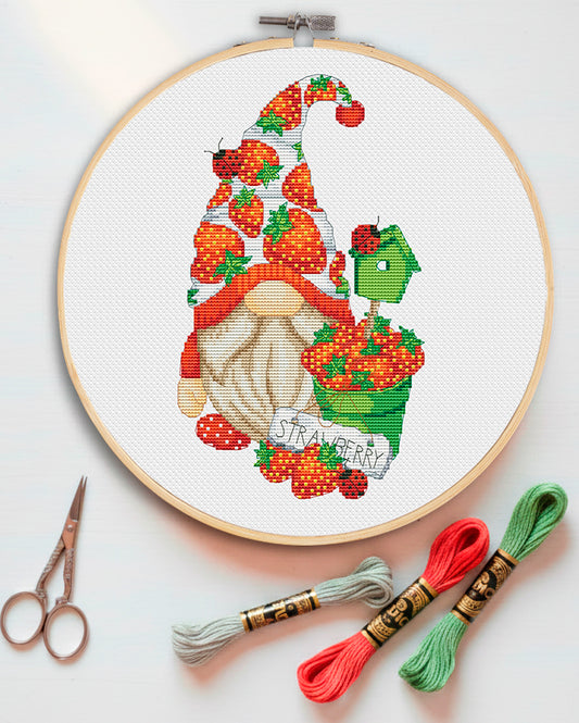 Strawberry gnome, Cross stitch, Summer cross stitch, Gnomes cross stitch, Modern cross stitch, Strawberry cross stitch