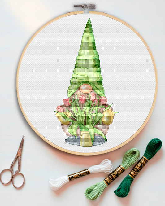 Gnome with tulips, Flowers cross stitch, Gnomes cross stitch, Modern cross stitch, Cross stitch pattern, Spring cross stitch