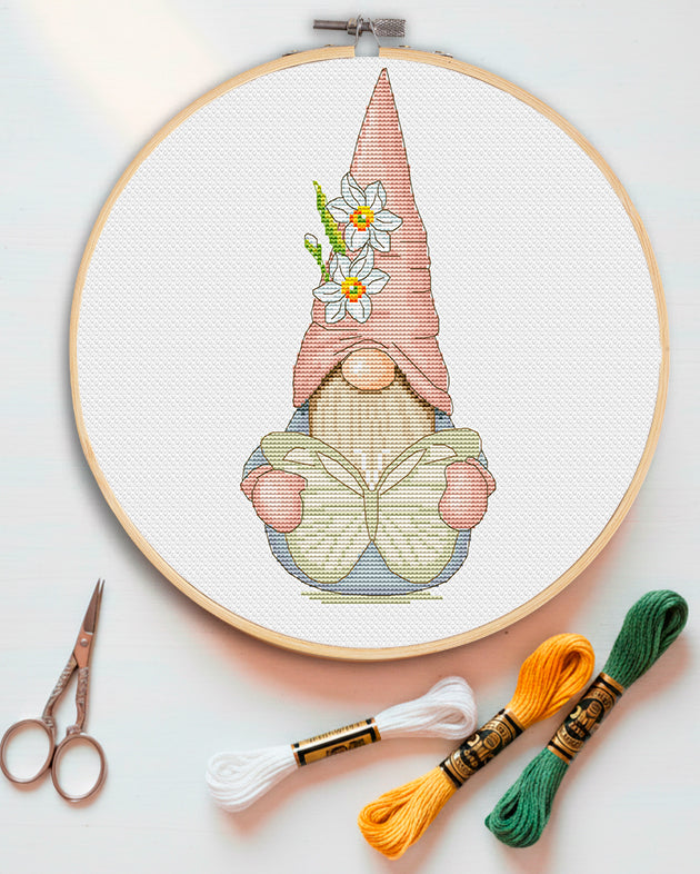 Gnome with butterfly, Cross stitch, Cross stitch pdf, Butterfly cross stitch, Counted cross stitch, Spring cross stitch, Modern cross stitch