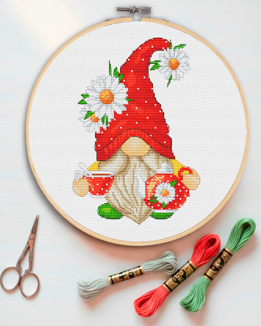 Tea gnome, Cross stitch, Kitchen cross stitch, Gnomes cross stitch, Modern cross stitch, Cross stitch pattern, Cross stitch PDF