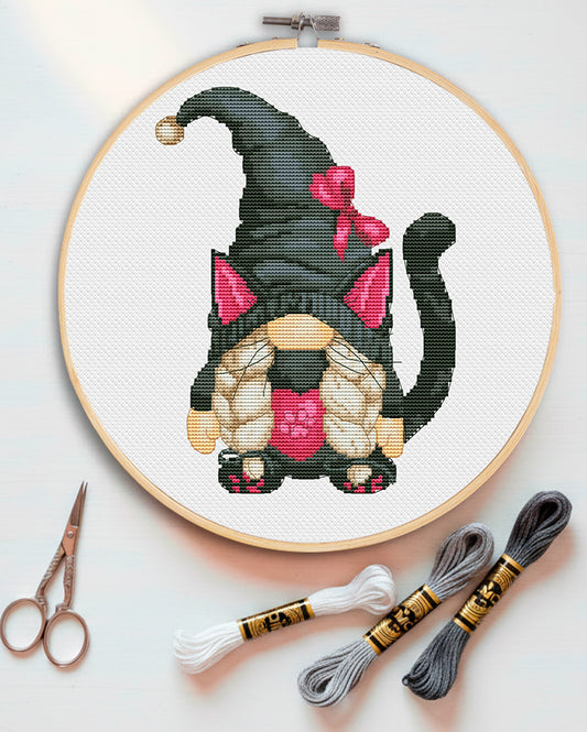 Black cat, Halloween cross stitch, Gnomes cross stitch, Cross stitch pattern
