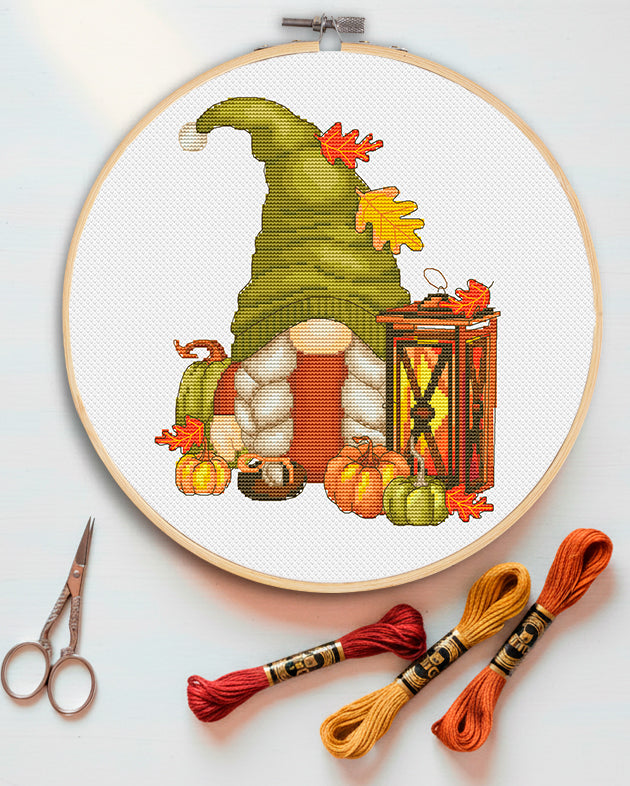 Autumn female, Cross stitch, Pumpkins cross stitch, Gnomes cross stitch