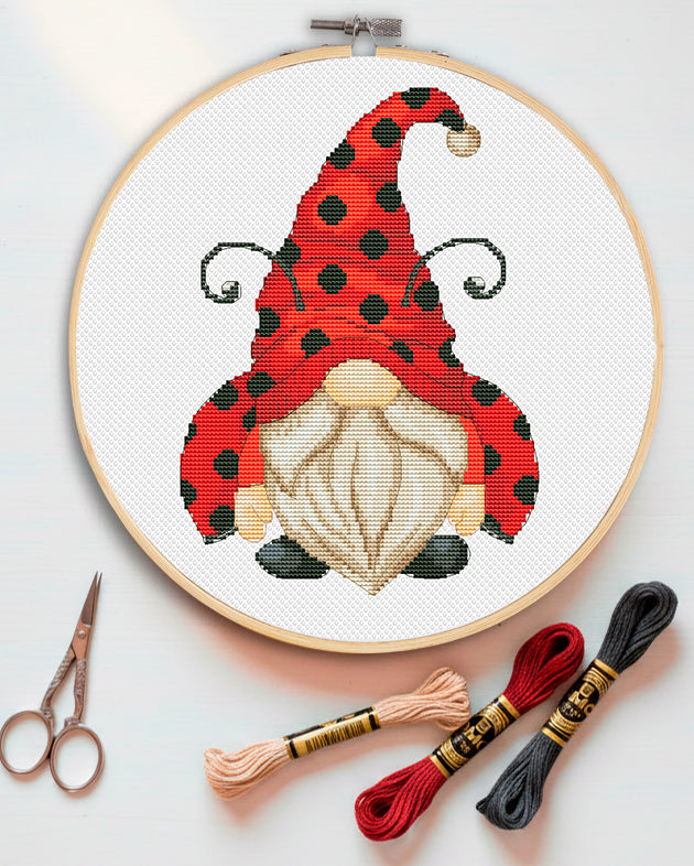 Ladybug gnome, Cross stitch pattern, Bugs cross stitch,Counted cross stitch