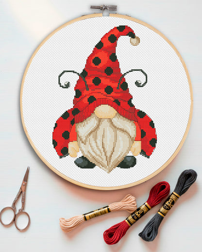 Ladybug gnome, Cross stitch pattern, Bugs cross stitch,Counted cross stitch