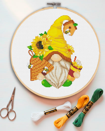 Counted cross stitch pattern A gnome with a beehive