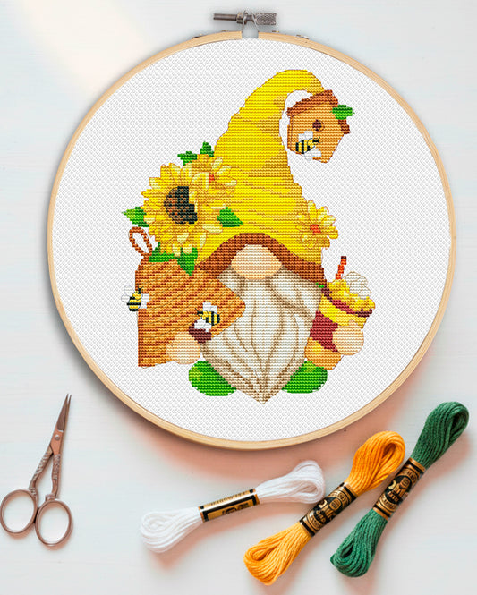 Counted cross stitch pattern A gnome with a beehive