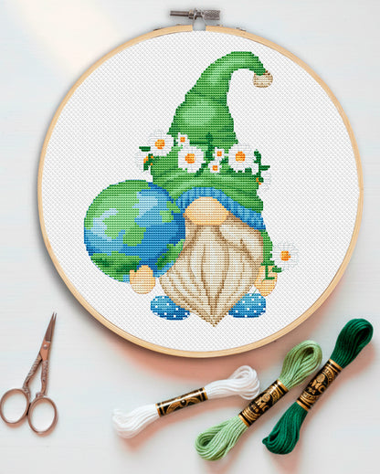 Mother earth day, Gnome cross stitch, Earth cross stitch, Counted cross stitch, Save nature, Daisy cross stitch