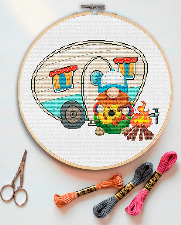 Camping gnome, Cross stitch PDF, Camping cross stitch, Gnomes cross stitch, Modern cross stitch, Cross stitch pattern, Funny cross stitch