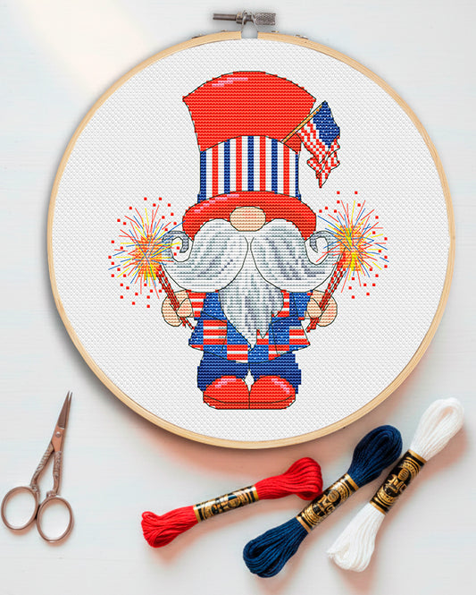 Patriotic gnomes, Cross stitch, 4th July, Gnomes cross stitch, Modern cross stitch, Cross stitch pattern, Independence day