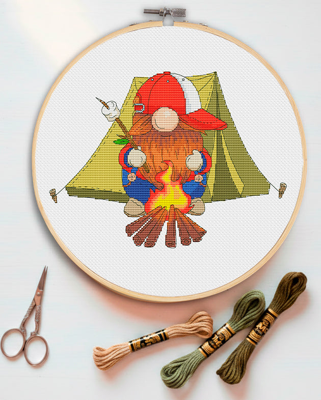 Hiking gnome, Cross stitch, Hiking cross stitch, Gnomes cross stitch, Modern cross stitch, Camping cross stitch