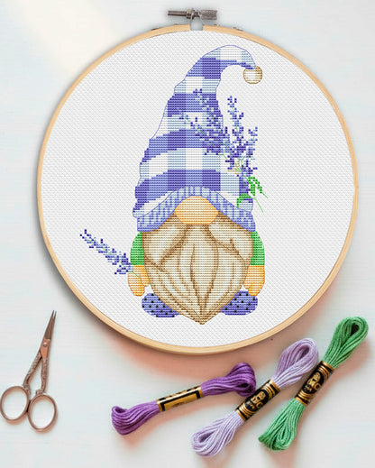 Lavender gnome, Cross stitch, Floral cross stitch, Gnomes cross stitch, Modern cross stitch, Lavender cross stitch, Cross stitch PDF