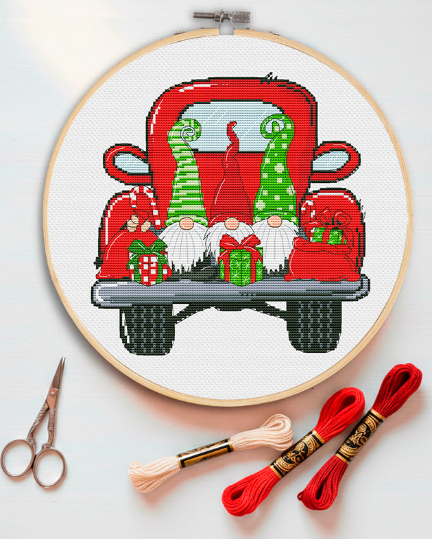Christmas truck, Cross stitch, Christmas cross stitch, Gnomes cross stitch, Modern cross stitch, Christmas ornament, Christmas decor