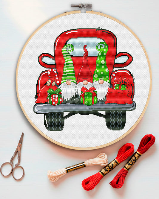 Christmas truck, Cross stitch, Christmas cross stitch, Gnomes cross stitch, Modern cross stitch, Christmas ornament, Christmas decor