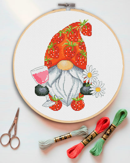 Strawberry wine, Cross stitch, Wine cross stitch, Gnomes cross stitch