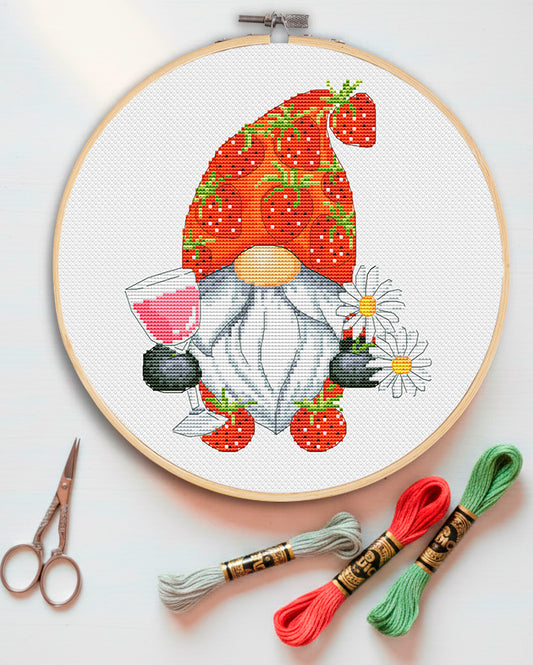 Strawberry wine, Cross stitch, Wine cross stitch, Gnomes cross stitch