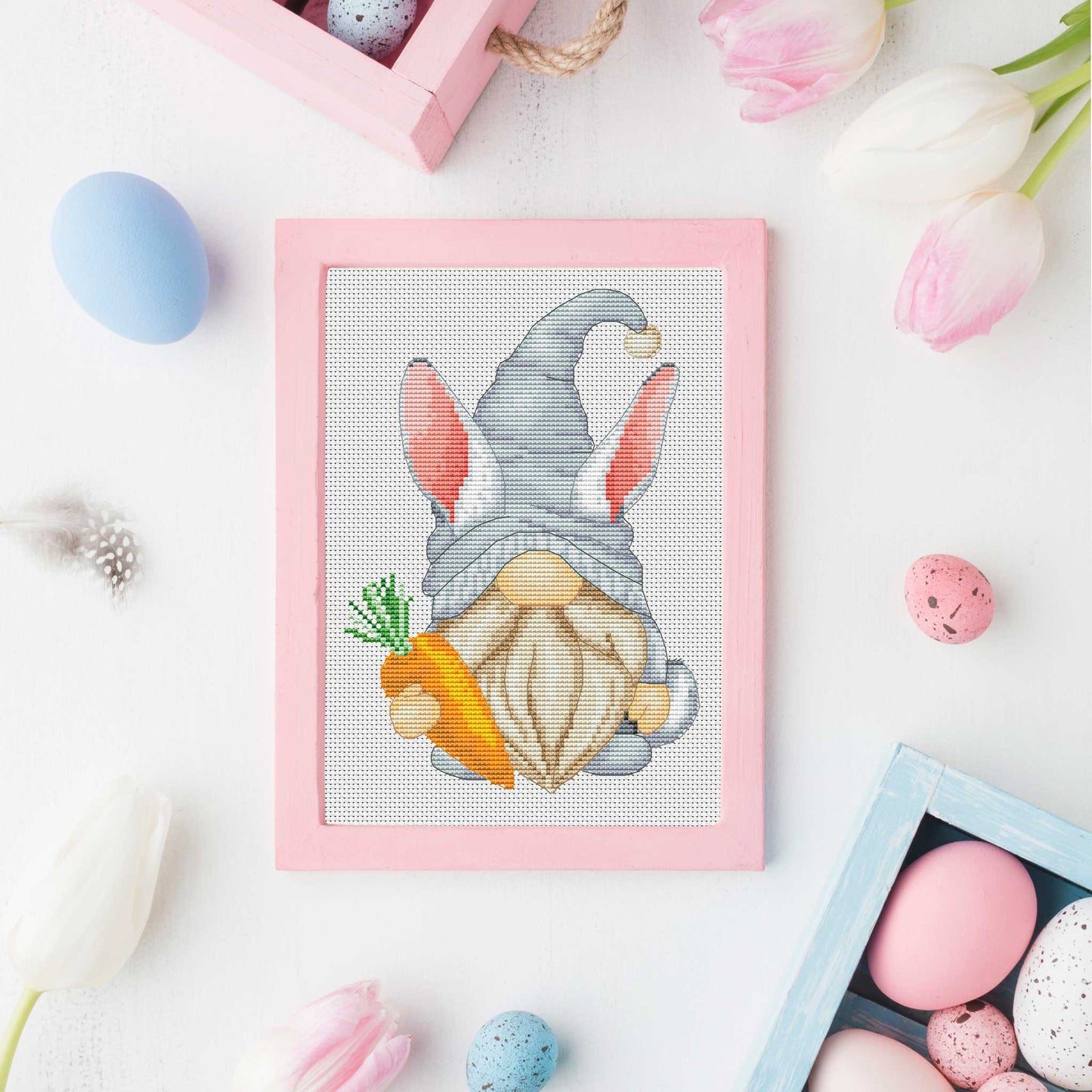 Easter Bunny Gnome Cross Stitch Pattern - Spring Decor PDF