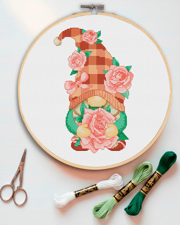 Girl with rose, Cross stitch, Floral cross stitch, Gnomes cross stitch, Modern cross stitch, Rose cross stitch, Counted cross stitch