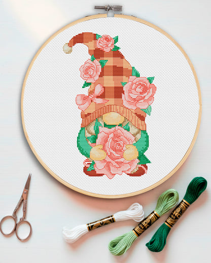 Girl with rose, Cross stitch, Floral cross stitch, Gnomes cross stitch, Modern cross stitch, Rose cross stitch, Counted cross stitch