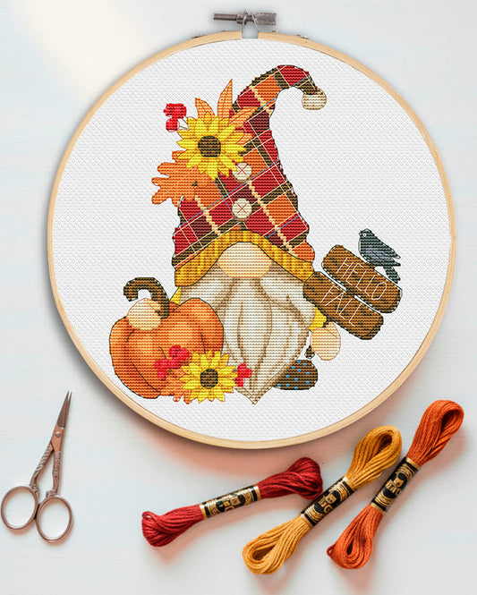 Autumn gnome, Cross stitch pattern, Pumpkins cross stitch, Gnomes cross stitch, Sunflowers cross stitch, Fall cross stitch