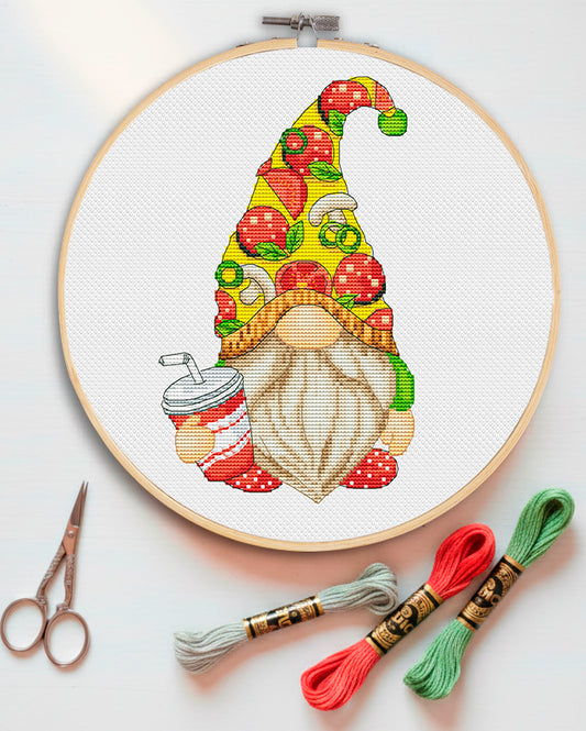 Pizza gnome, Cross stitch pattern, Kitchen cross stitch, Gnomes cross stitch, Modern cross stitch, Food cross stitch
