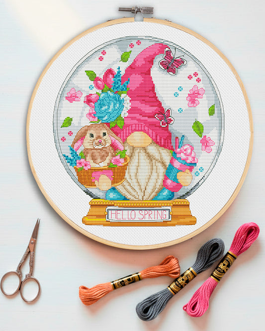 Spring gnome, Cross stitch pattern, Gnomes cross stitch, Modern cross stitch, Counted cross stitch pattern, Floral cross stitch