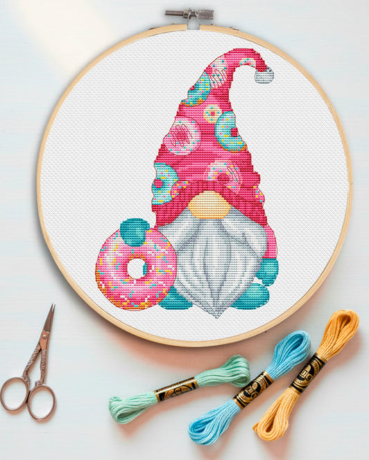 Gnome with a donut, Cross stitch pattern, Donut cross stitch, Sweets cross stitch, Modern cross stitch, Counted cross stitch
