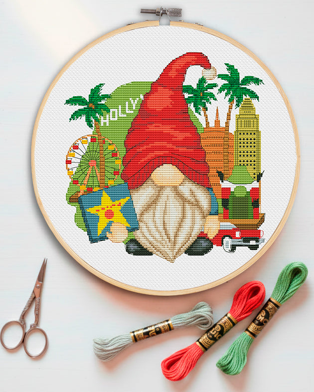 Los Angeles Gnome Cross Stitch Pattern - LA City Souvenir PDF
