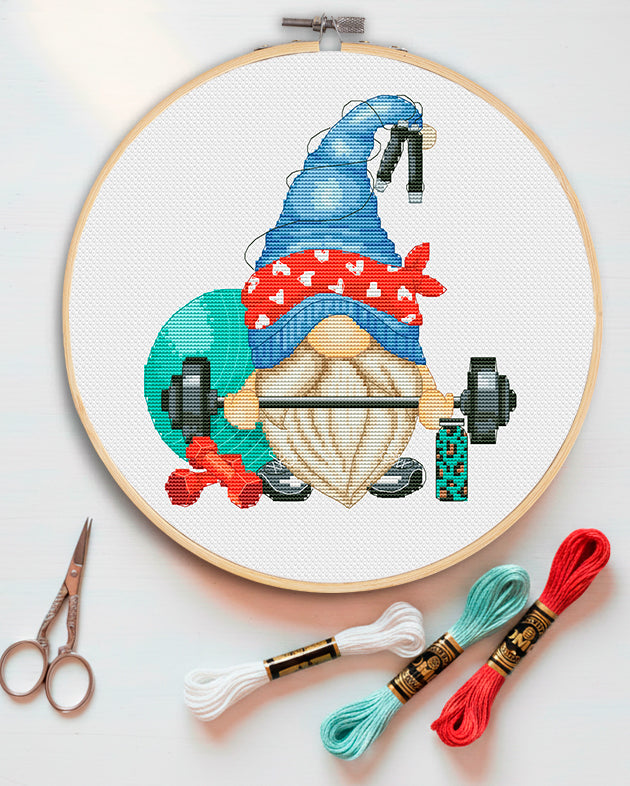 Gnome at the gym, Gnome cross stitch, Counted cross stitch