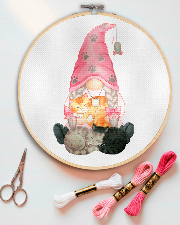 Cozy Cat Gnome Cross Stitch Pattern PDF – Cute Cat Lover Gift – Pet Themed Embroidery – Instant Download