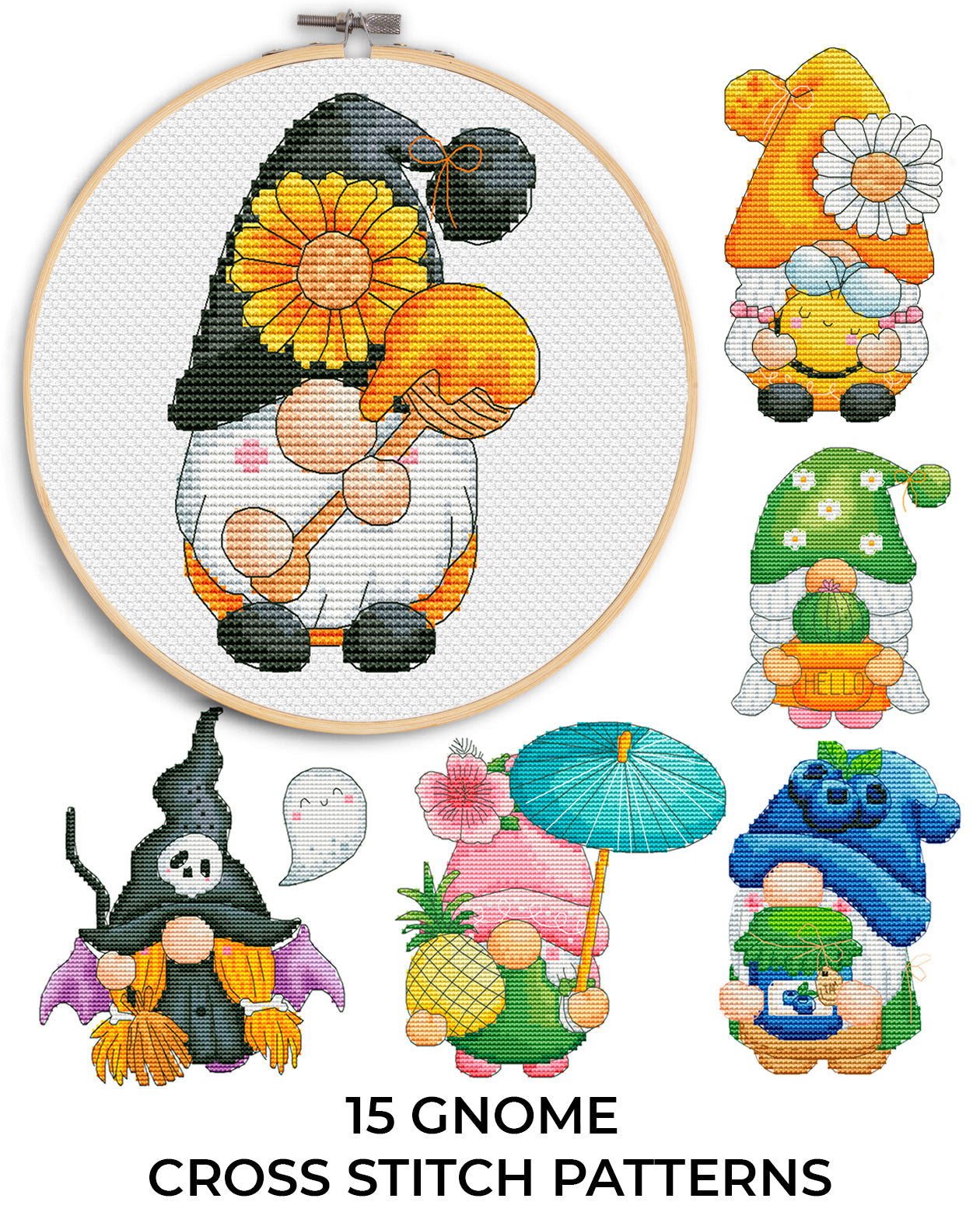 15 Gnomes cross stitch patterns bundle PDF (Instant Download)