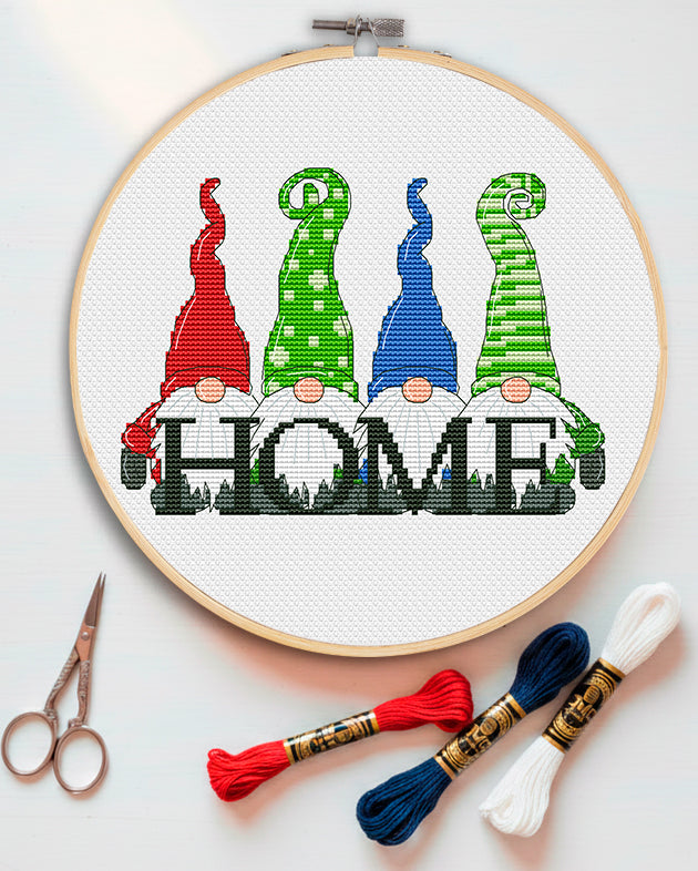 HOME, Cross stitch pattern, Housewarming gift , Gnome cross stitch, Counted cross stitch