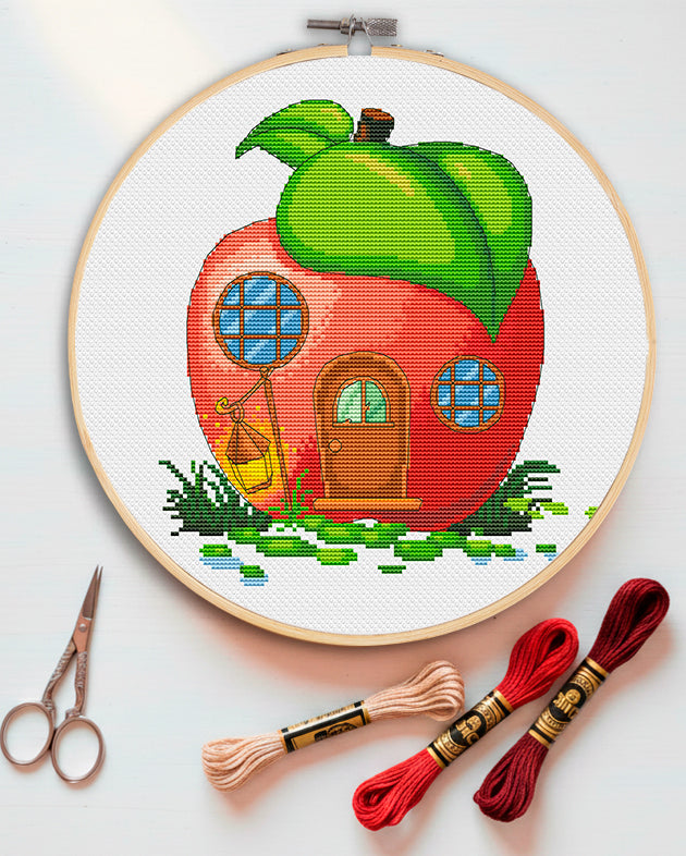 Cross stitch pattern, Apple cross stitch, Modern cross stitch, Fantasy house, Counted cross stitch, Mushroom cross stitch