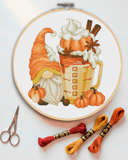 Pumpkin latte, Cross stitch pattern, Pumpkins cross stitch, Gnomes cross stitch,