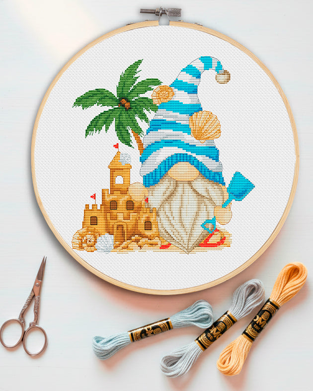 Beach Day Gnome Cross Stitch Pattern - Summer Vacation Decor PDF
