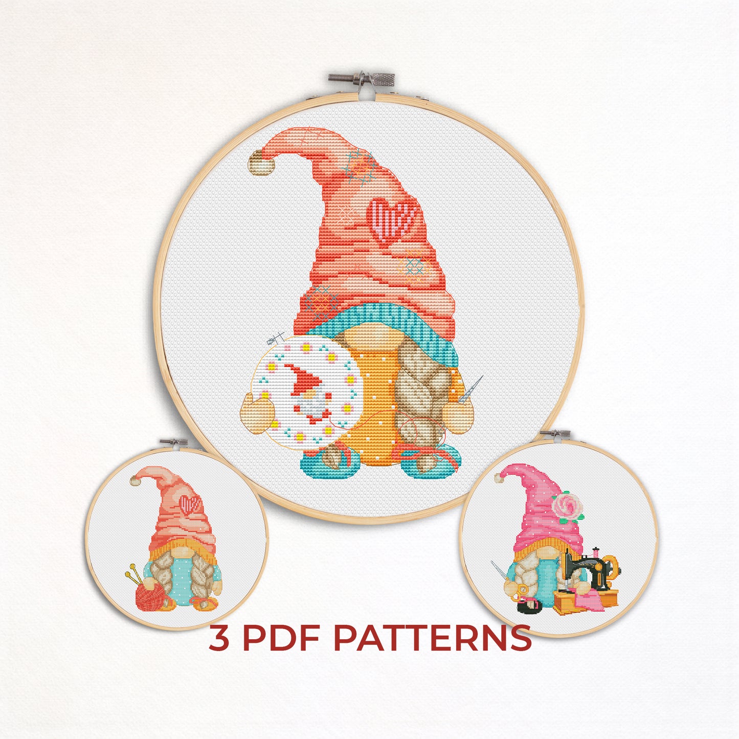 Cross Stitch Pattern Bundle, Craft Room Gnomes, 3 PDF Designs, Sewing and Knitting Decor