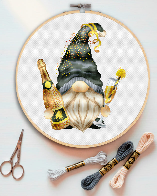 Champagne gnome, Cross stitch pattern, Gnomes cross stitch, Modern cross stitch