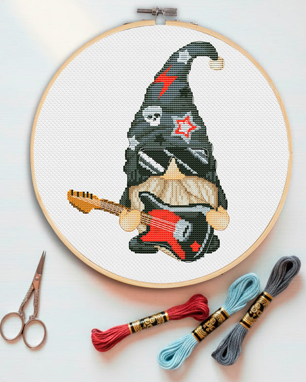 Rock star, Cross stitch, Rock cross stitch, Gnomes cross stitch, Modern cross stitch, Music cross stitch, Guitar cross stitch