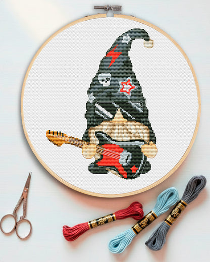 Rock star, Cross stitch, Rock cross stitch, Gnomes cross stitch, Modern cross stitch, Music cross stitch, Guitar cross stitch